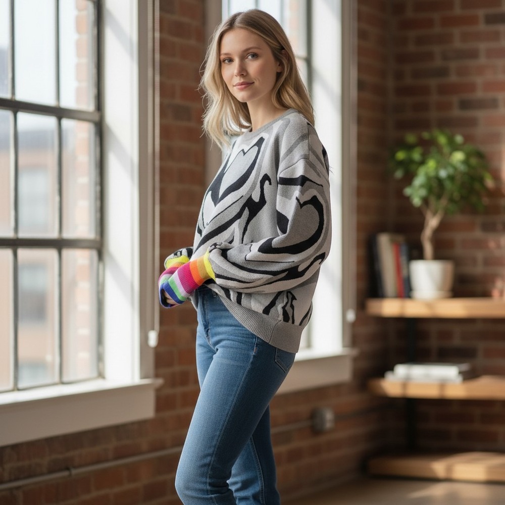 APNY W's Lux Grey Abstract Heart Knit Sweater Rainbow Cuffs Size S Relaxed Fit